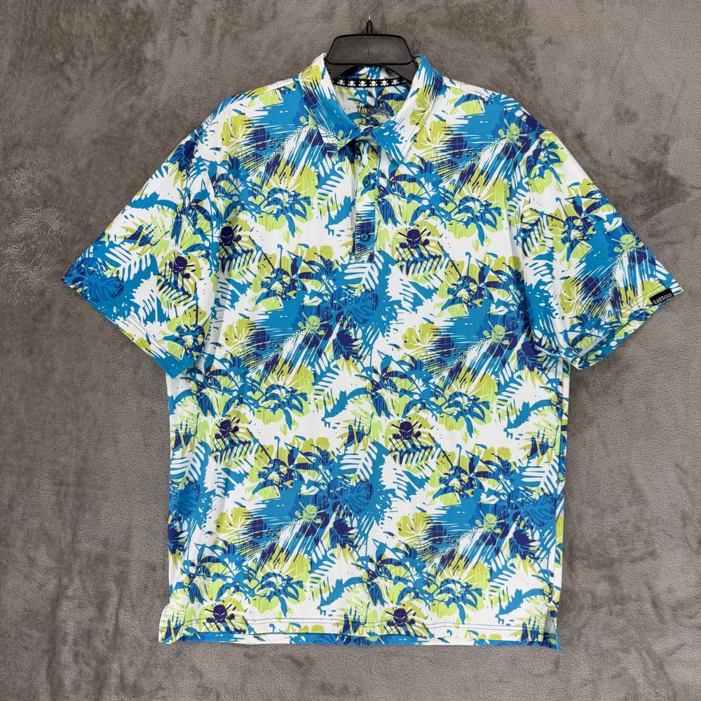 Tattoo Golf Aloha Collection Blue Green Floral Skull Polo Shirt Mens Large‎ L